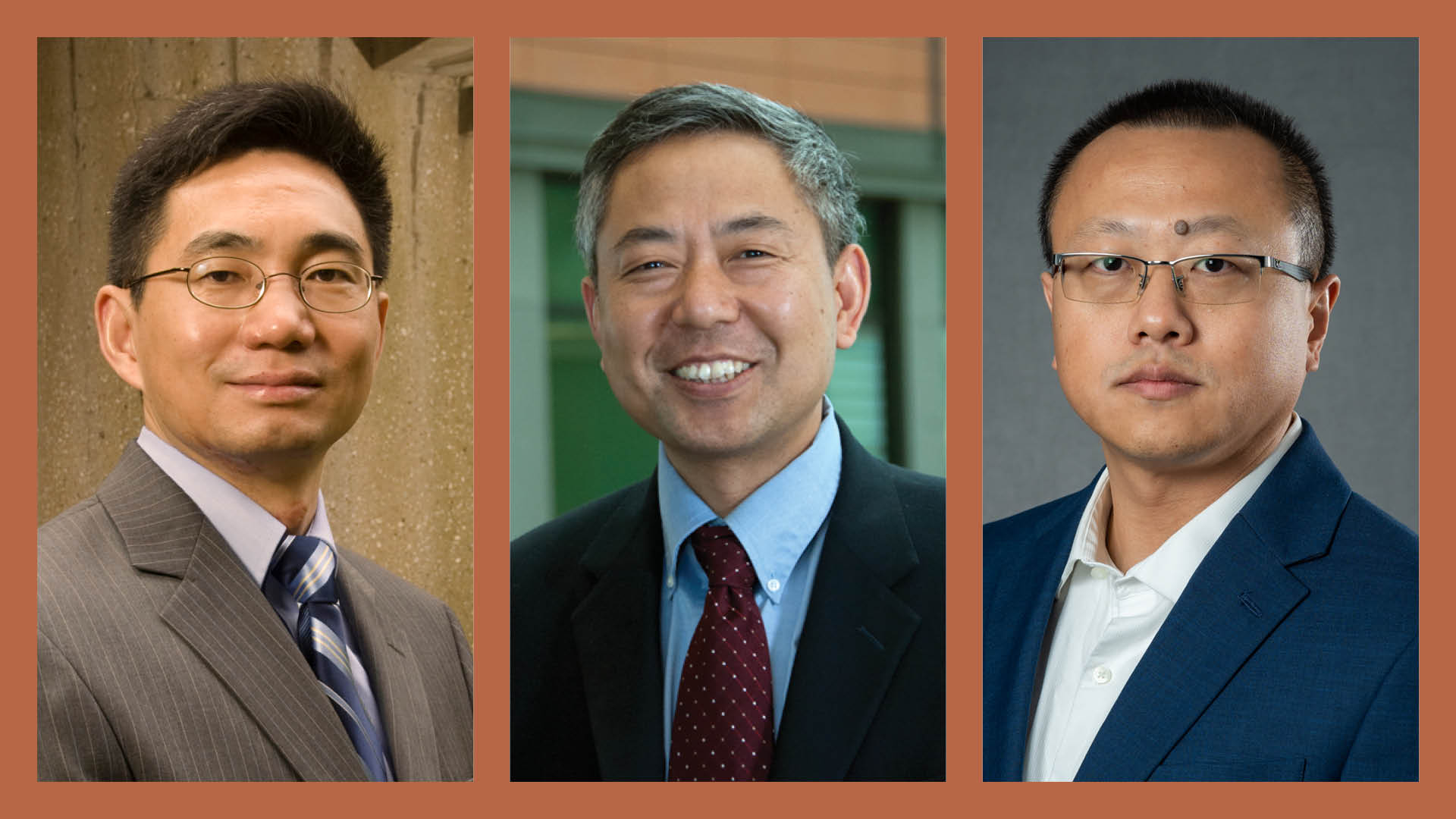 Three professional headshots of men in business attire placed side by side against a brown background.